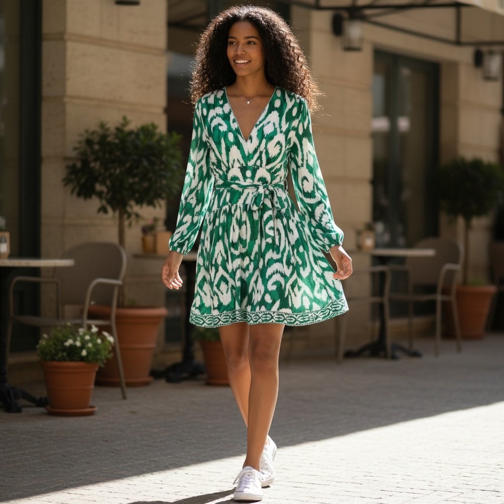 Alex Marie NWT SZ16 Green Ikat Print V-Neck Mini Dress Balloon Sleeve Tie Waist